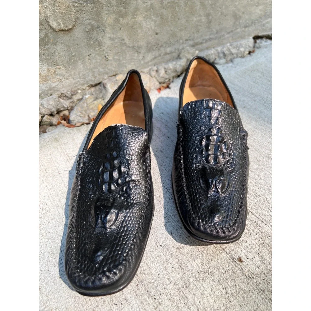 VTG Maitre Bottier Black Crock-Embossed Leather Dress Loafers Men's 9